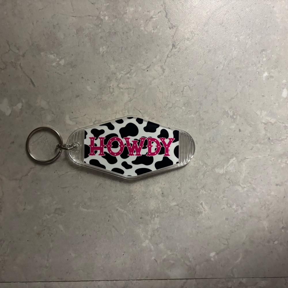 Cow Print Keychain with Pink 'Howdy'